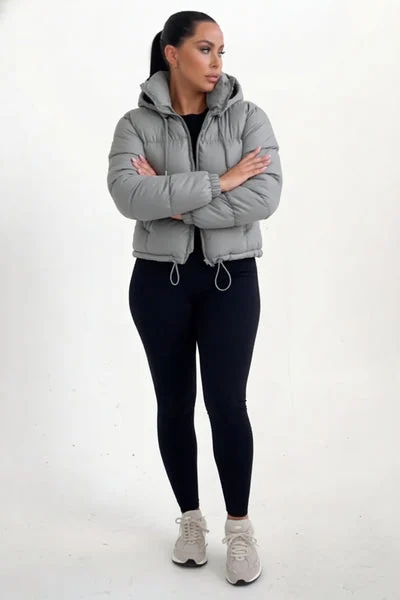Grey Hooded Drawstring Cropped Puffer Jacket - Stacey