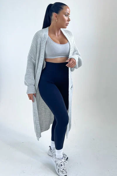 Grey Knitted Long Sleeve Pocket Detail Ribbed Cardigan - Leanne