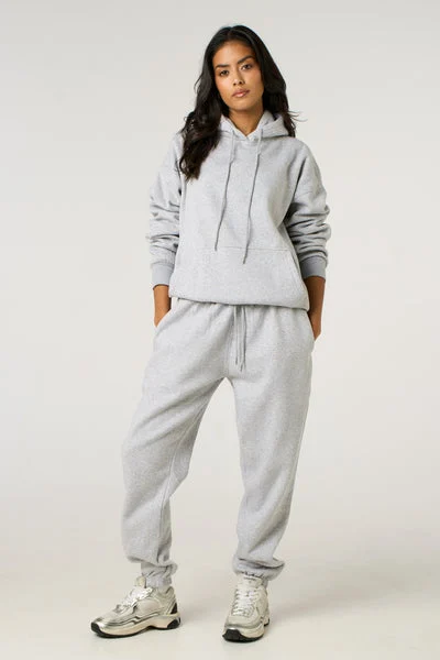 Grey Marl Oversized Front Pocket Pullover Hoodie Cuffed Joggers Loungewear Set - Alexia