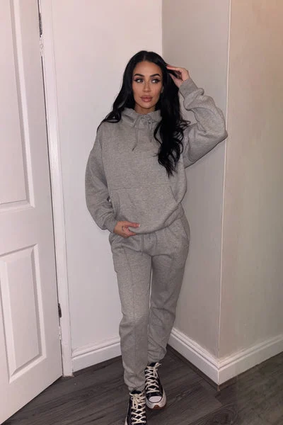 Grey Marl Oversized Hoodie & High Waisted Seam Front Cuffed Joggers Loungewear Set - Martha