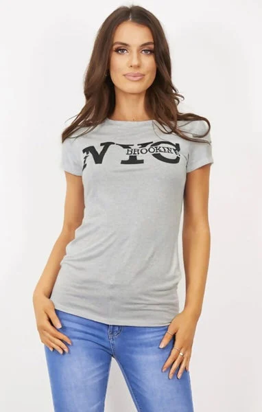Grey ‘NYC Brooklyn’ Slogan Print T-Shirt - Elissara
