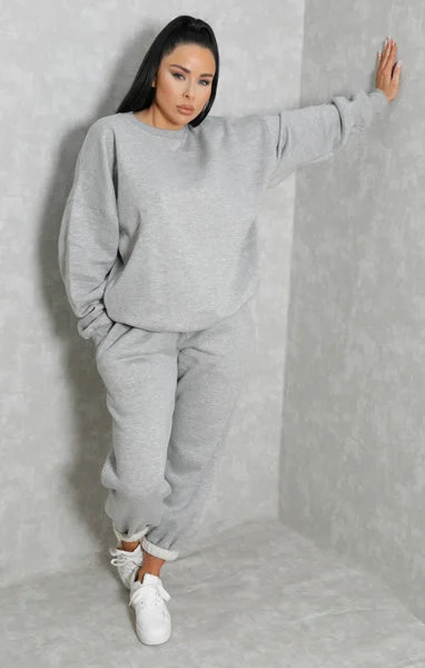 Grey Oversized Crew Neck Sweatshirt Cuffed Joggers Loungewear Set - Averi