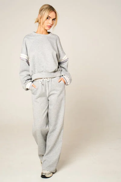 Grey Oversized Striped Sleeves Sweatshirt With Trouser Co Ord Set - Floranique