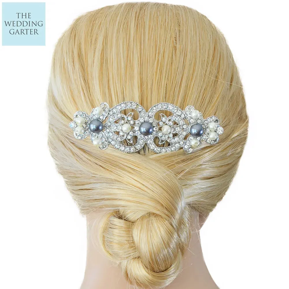 Grey Pearl & Rhinestone Vintage Bridal Hair Accessories (4 Colours)