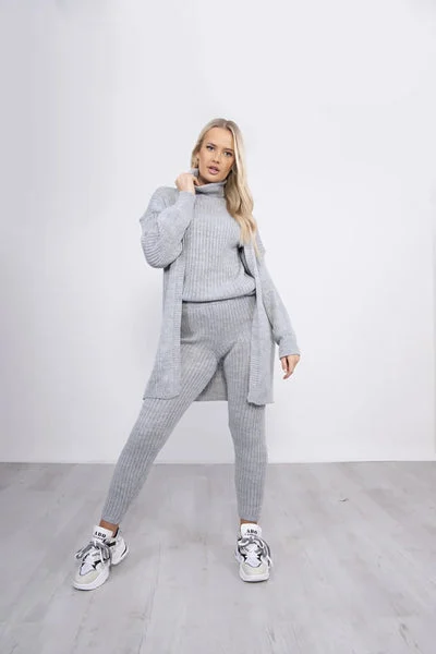 Grey Ribbed Knitted 3 Piece Loungewear Set-Jinet