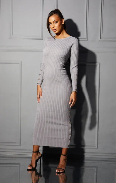 Grey Ribbed Long Sleeve Button Detail Bodycon Midi Dress - Karina