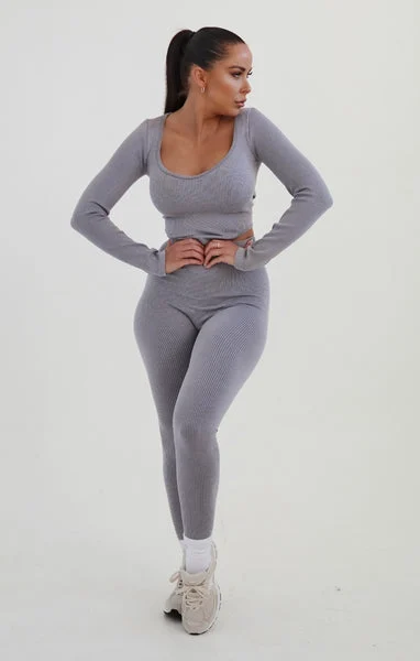 Grey Ribbed Long Sleeve Crop Top And Leggings Activewear Set - Simone