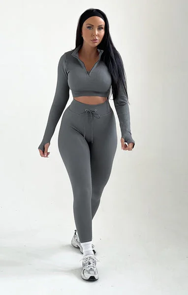 Grey Ribbed Long Sleeve Quarter Zip Top And Drawstring Leggings Set - Rosetta