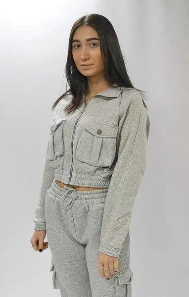 Grey Zip Up Long Sleeve Cargo Pocket Cropped Sweatshirt - Ayla