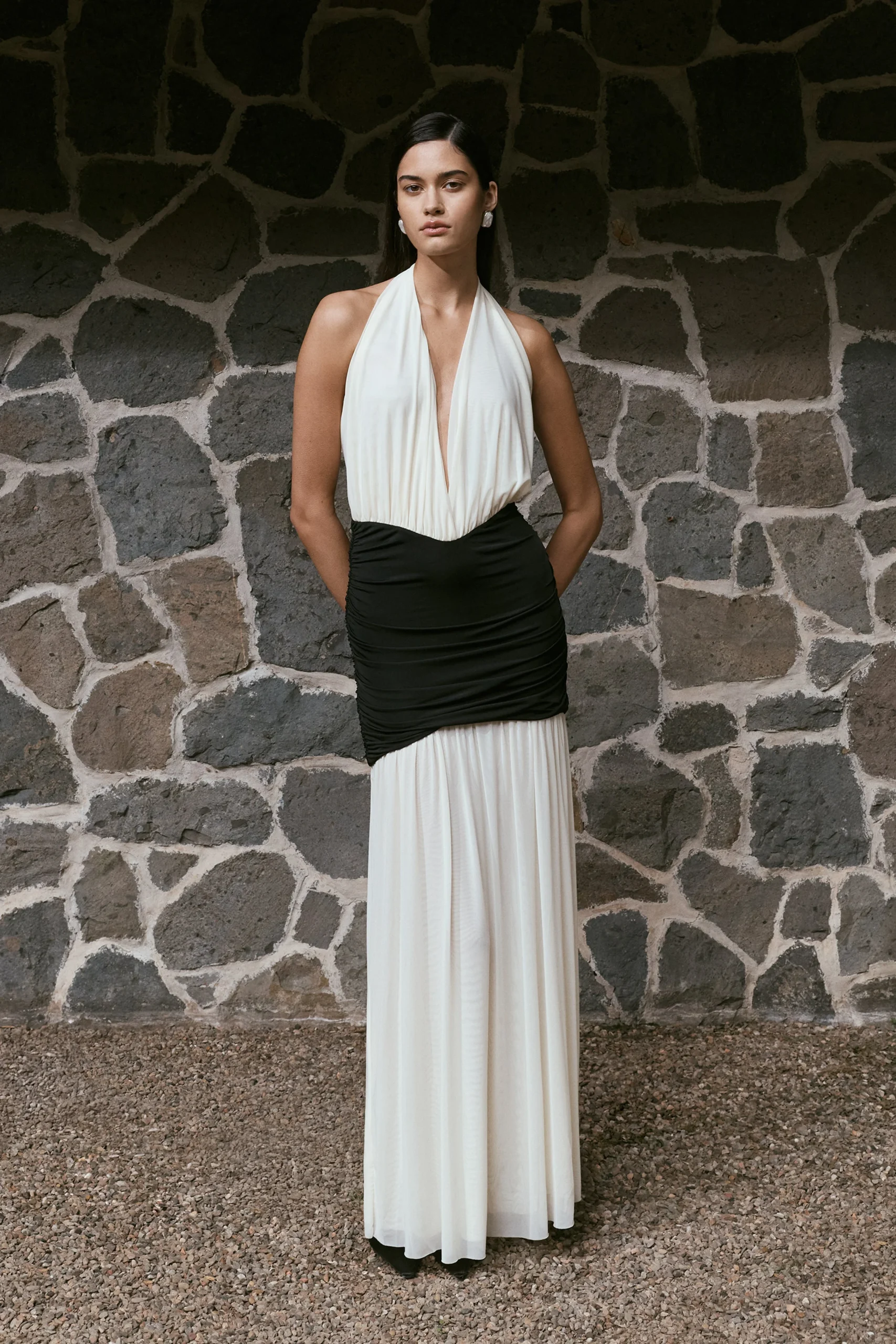 HaileeFINAL SALESlinky And Mesh Halter Maxi Dress - Black/White