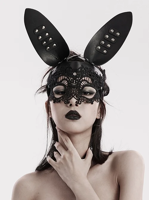 Halloween Black Lace Spliced Artificial Leather Three Dimensional Rabbit Ears Gothic Style Bunny Mask