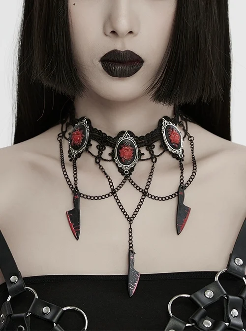 Halloween Black And Red Rose Silver Plated With Chain Blood Blade Pendant Gothic Style Necklace