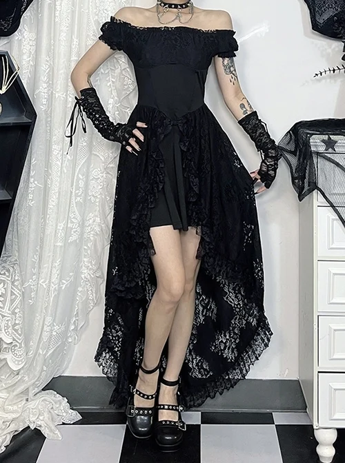 Halloween Elegant Black Lace Fabric With One Shoulder Design Gothic Style Short Sleeved Dress