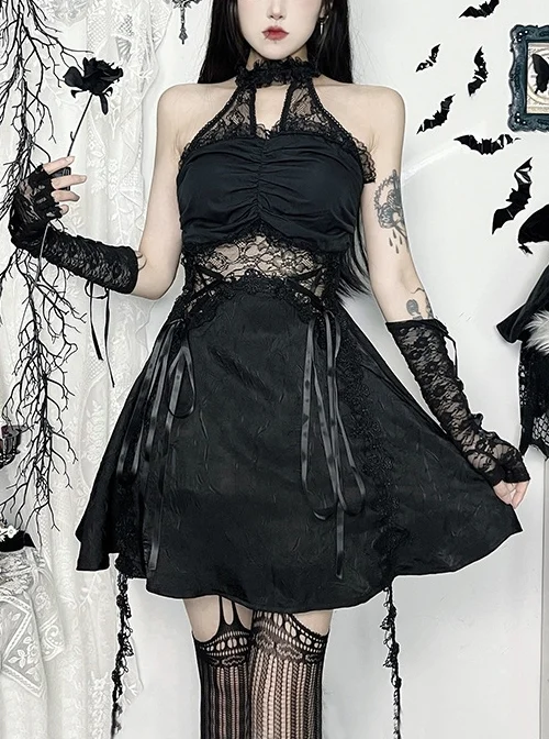 Halloween Elegant Black Lace Splicing Woven Waist Tie Decoration Gothic Style Sleeveless Dress