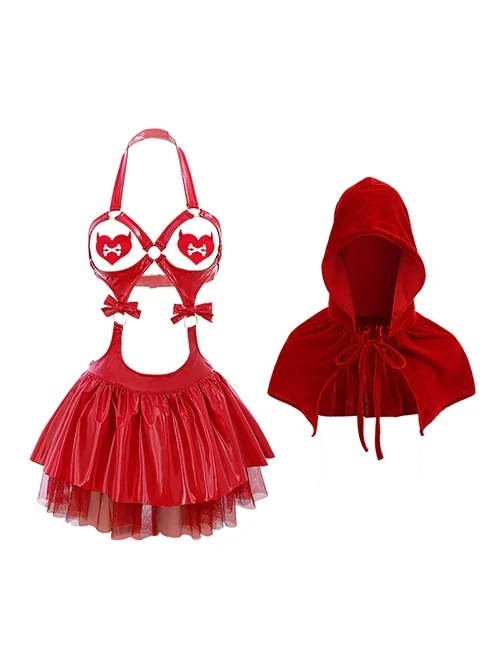 Halloween Little Red Riding Hood Hollow Exposed Chest Heart Devil Chest Stickers Slit Double Layer Hem Cosplay Sexy Lingerie Set