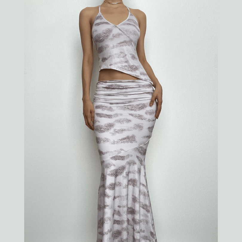 Halter irregular v neck ruched backless contrast print maxi skirt set