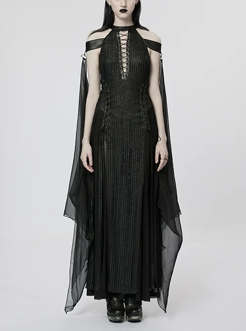 Halter Neck Slim Slit Shiny Texture Mesh Elastic Cord Adjustable Elasticity Black Elf Gothic Dress