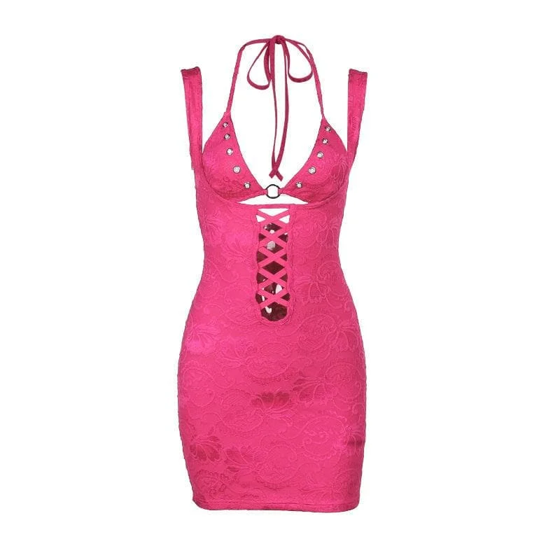 Halter o ring lace up lace backless hollow out solid mini dress