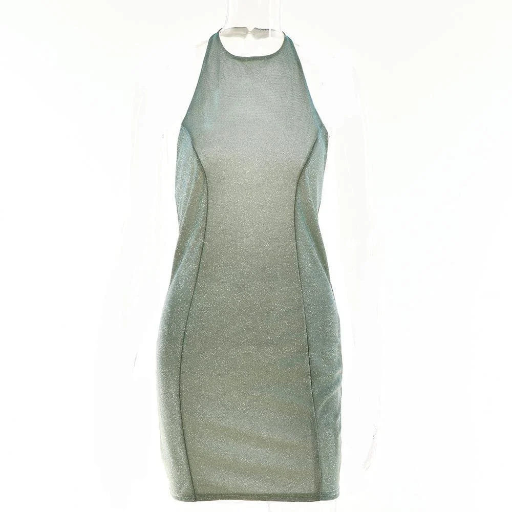 Halter off shoulder backless zip-up solid mini dress