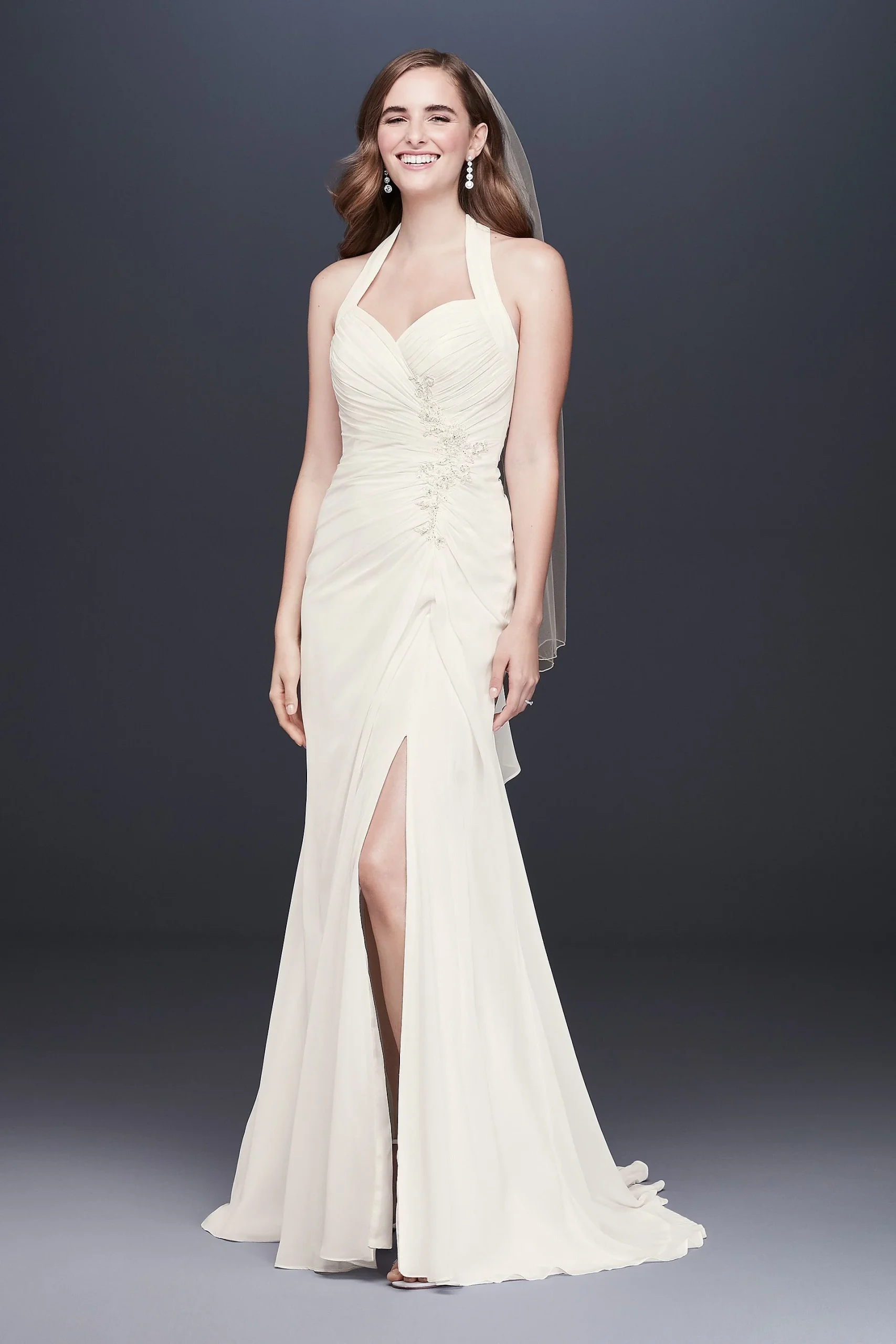 Halter Pleated Sheath Wedding Dress with Applique