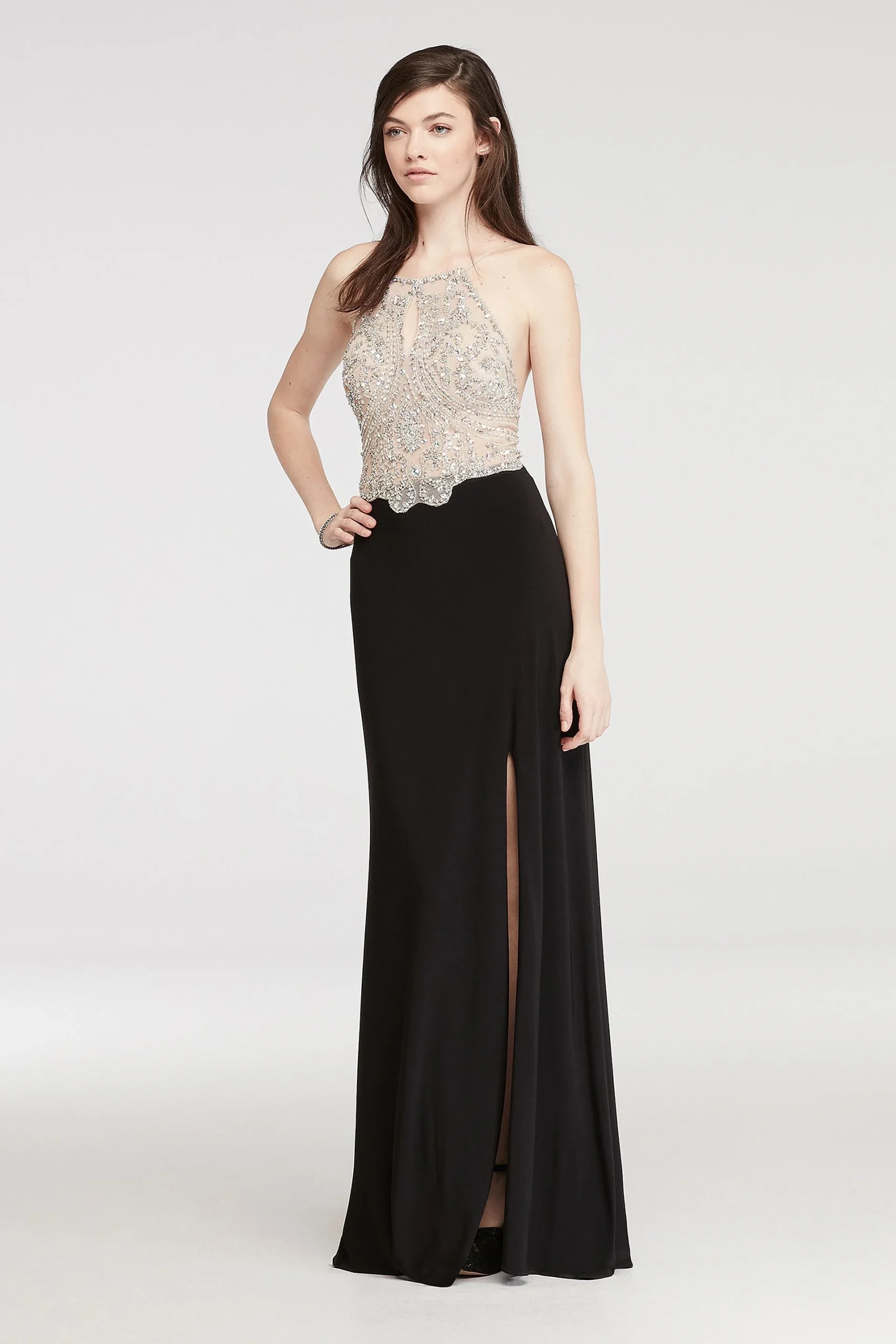 Halter Prom Dress with Beaded Illusion Bodice