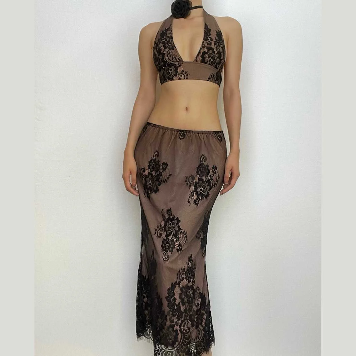 Halter self tie lace backless v neck midi skirt set