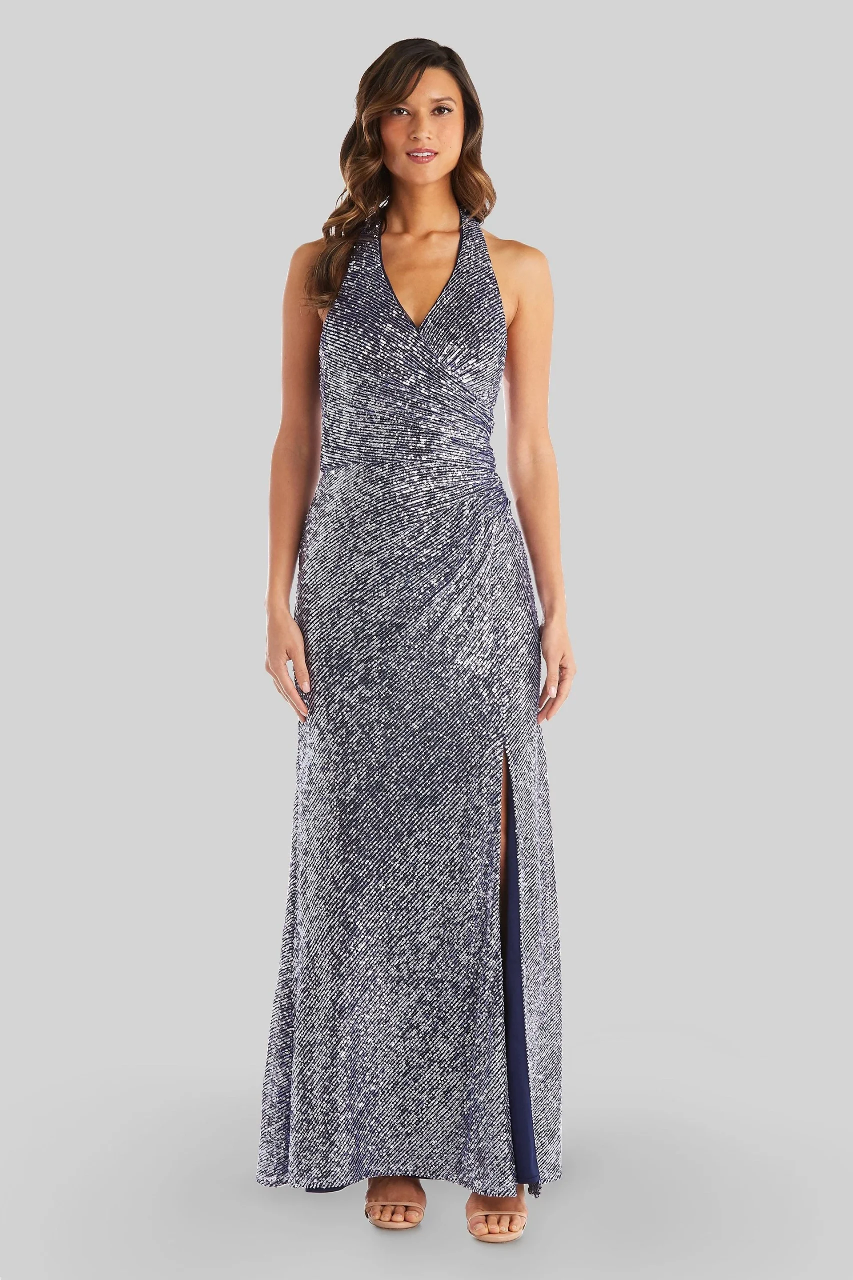 Halter Sequin Dress with Slit and Side Ruching