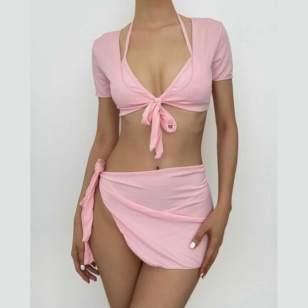 Halter solid self tie padded 4 piece swimwear
