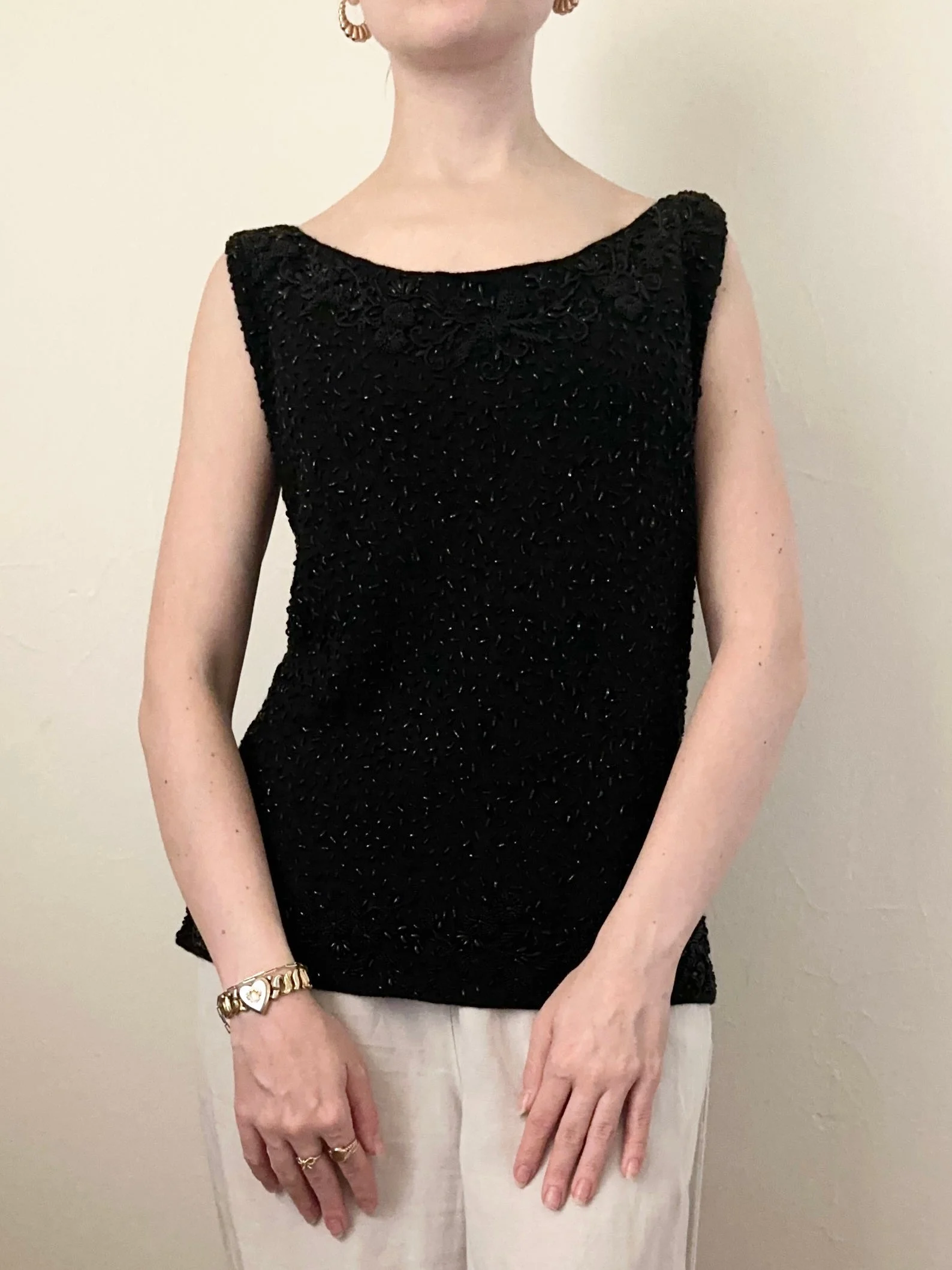 Hand Made 1960s Black Wool Beaded Sleeveless Blouse(M)