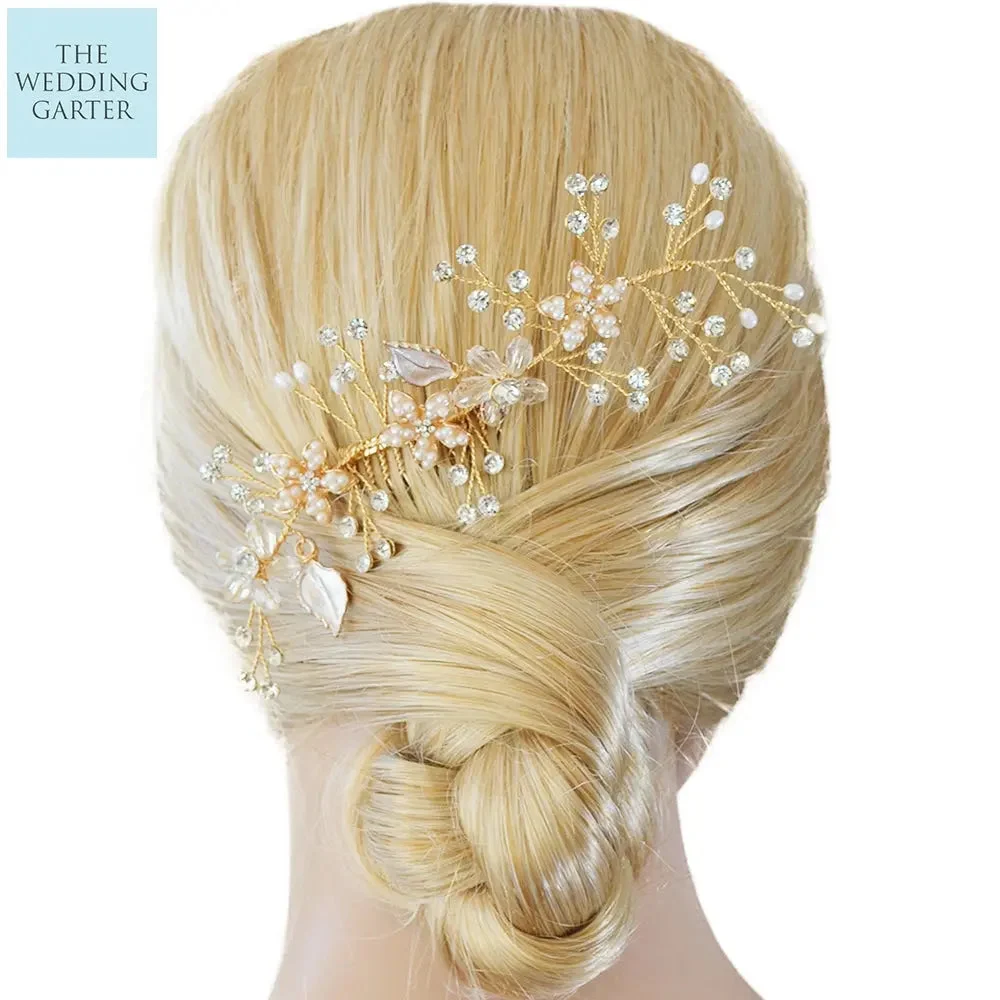 Handcrafted Crystal & Pearl Gold Bridal Hair Vine Comb