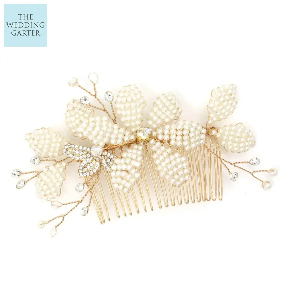 Handmade Golden Pearl Bridal Side Comb For Exquisite Brides Online