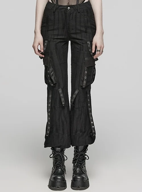 Handsome Black Knitted Loose Trousers With Movable Eyelet Webbing On Both Sides And Punk Style Leggings