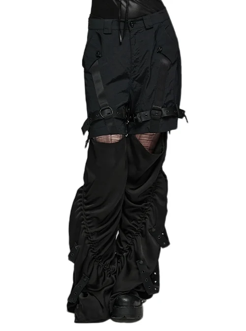 Handsome Black Non-Elastic Quick-Drying Woven Layered Trousers With Adjustable Webbing Punk Style Detachable Two-Wear Loose Overalls