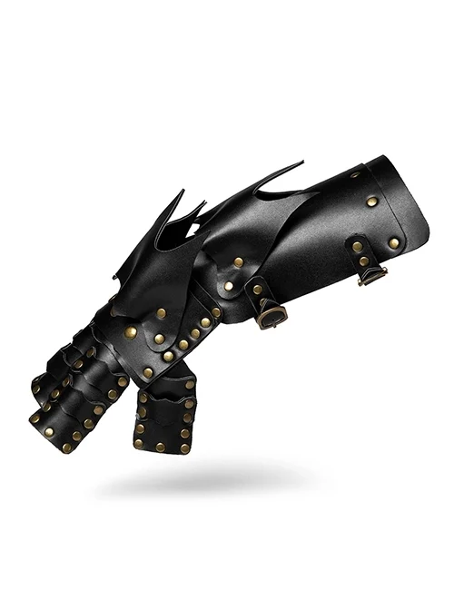 Handsome Black PU Leather Stitching Metal Rivets Adjustable Punk Style Five-Finger Gloves