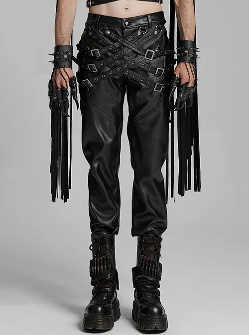 Handsome Black Slightly Elastic PU Leather With Twill Glued Front Chinese And Japanese Word Button Loops Staggered Decoration Punk Style Leather Pants
