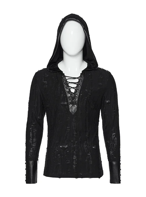 Handsome Black Soft Elastic Hole Knitted Front Center V Neck Drawstring Design Punk Style Long Sleeved Hooded T-Shirt