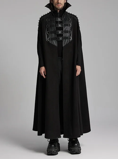 Handsome Black Twill Layer Laminated Front Personalized Double Row D Button Decoration Punk Style Stand Up Collar Cape