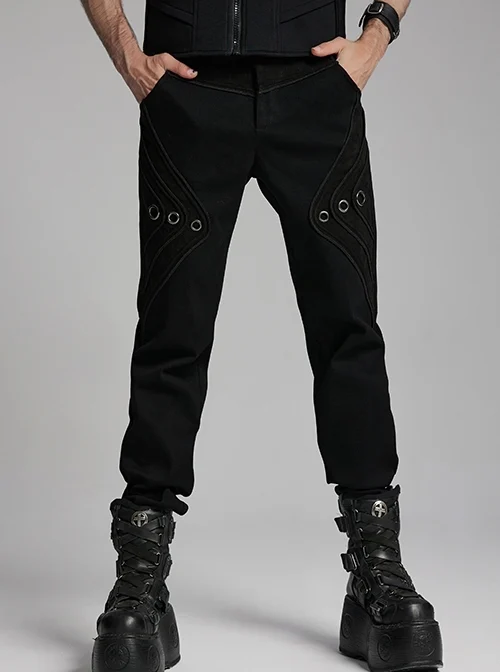 Handsome Black Versatile Stretch Twill Retro Woven Side Metal Eyelet Decorated Punk Style Trousers