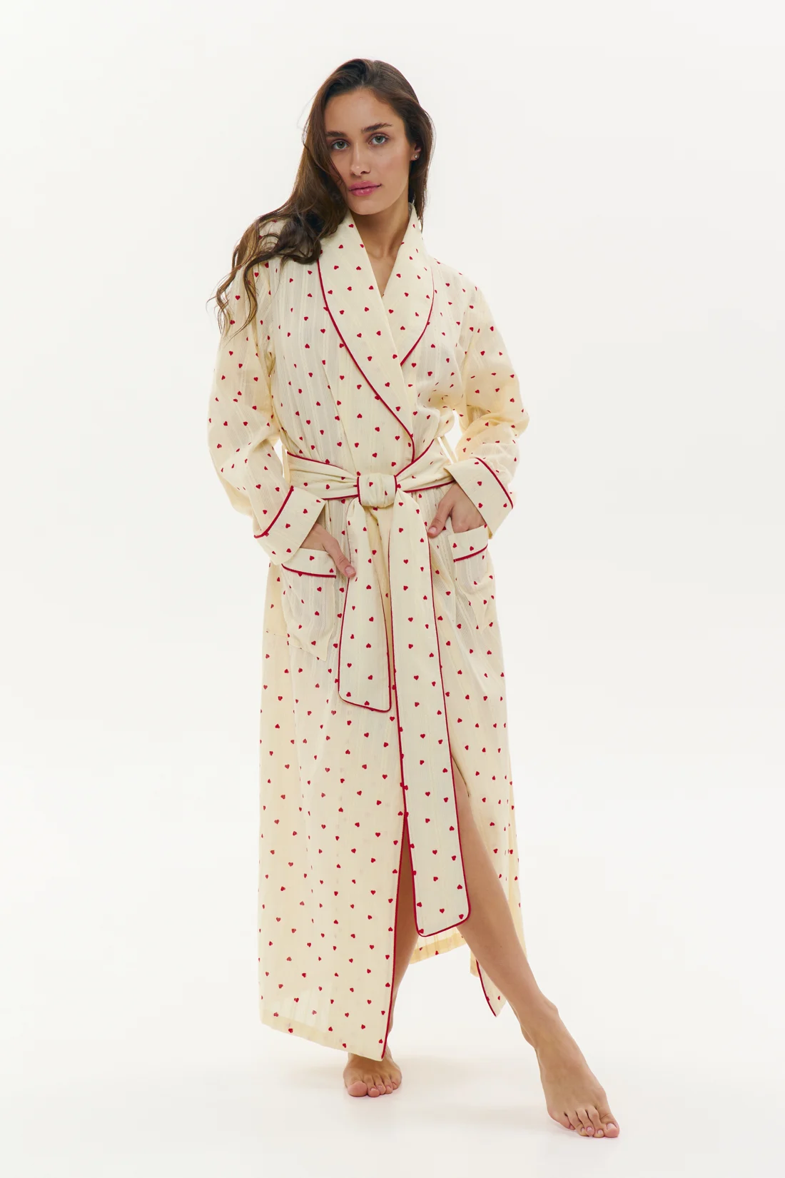 Heart Print Cotton Dressing Gown in Yellow