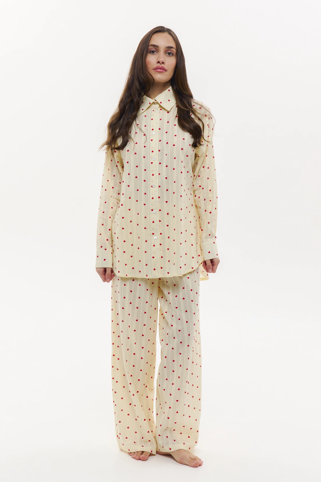 Heart Print Cotton Pyjamas in Yellow with Long Sleeves