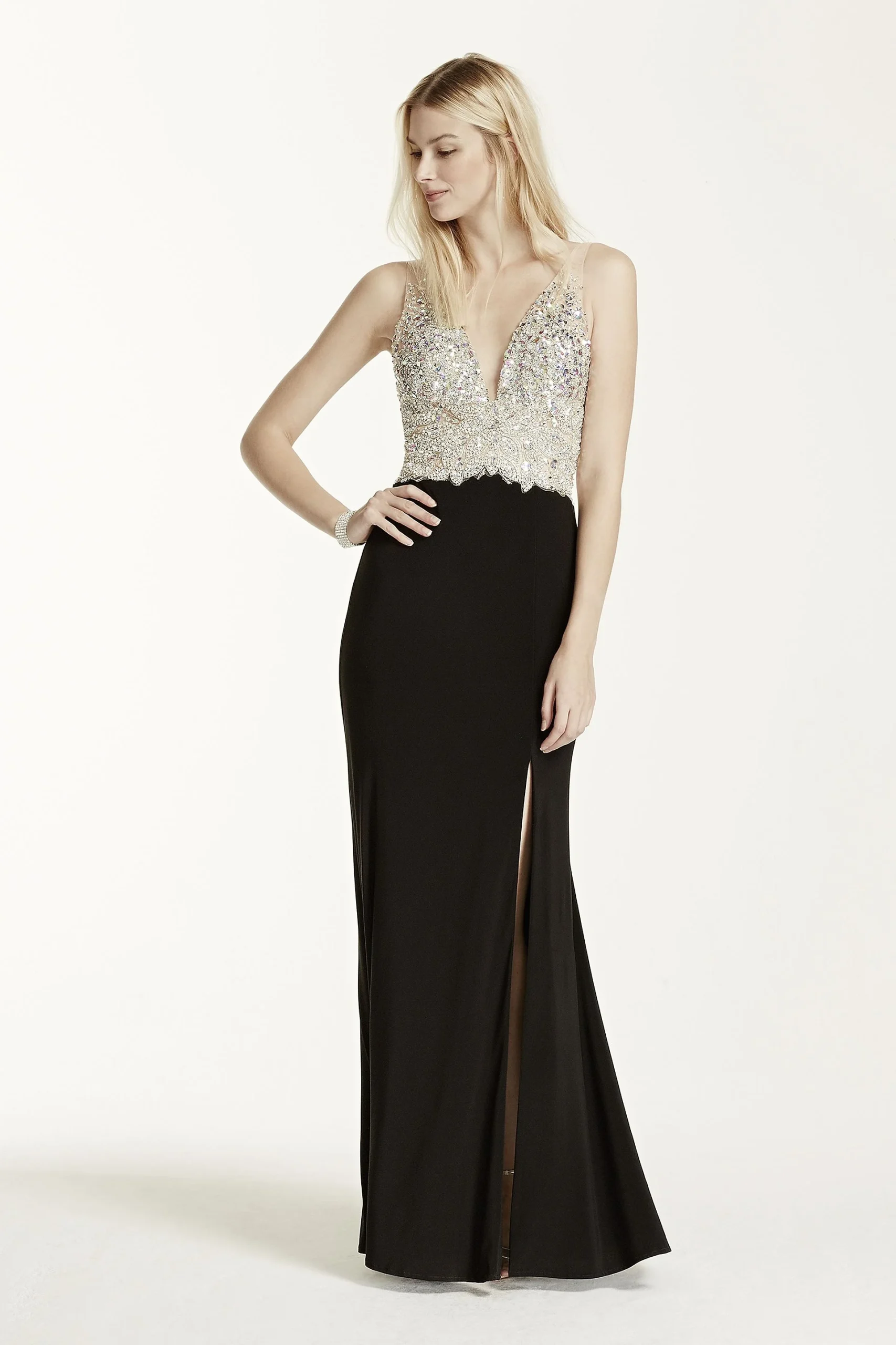Heavily Beaded Bodice Plunge Neckline Jersey Dress