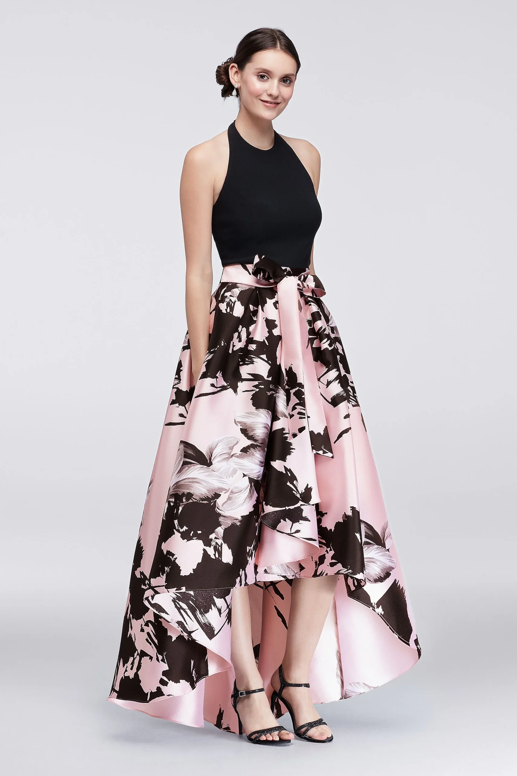 High-Low Dress with Printed Mikado Skirt