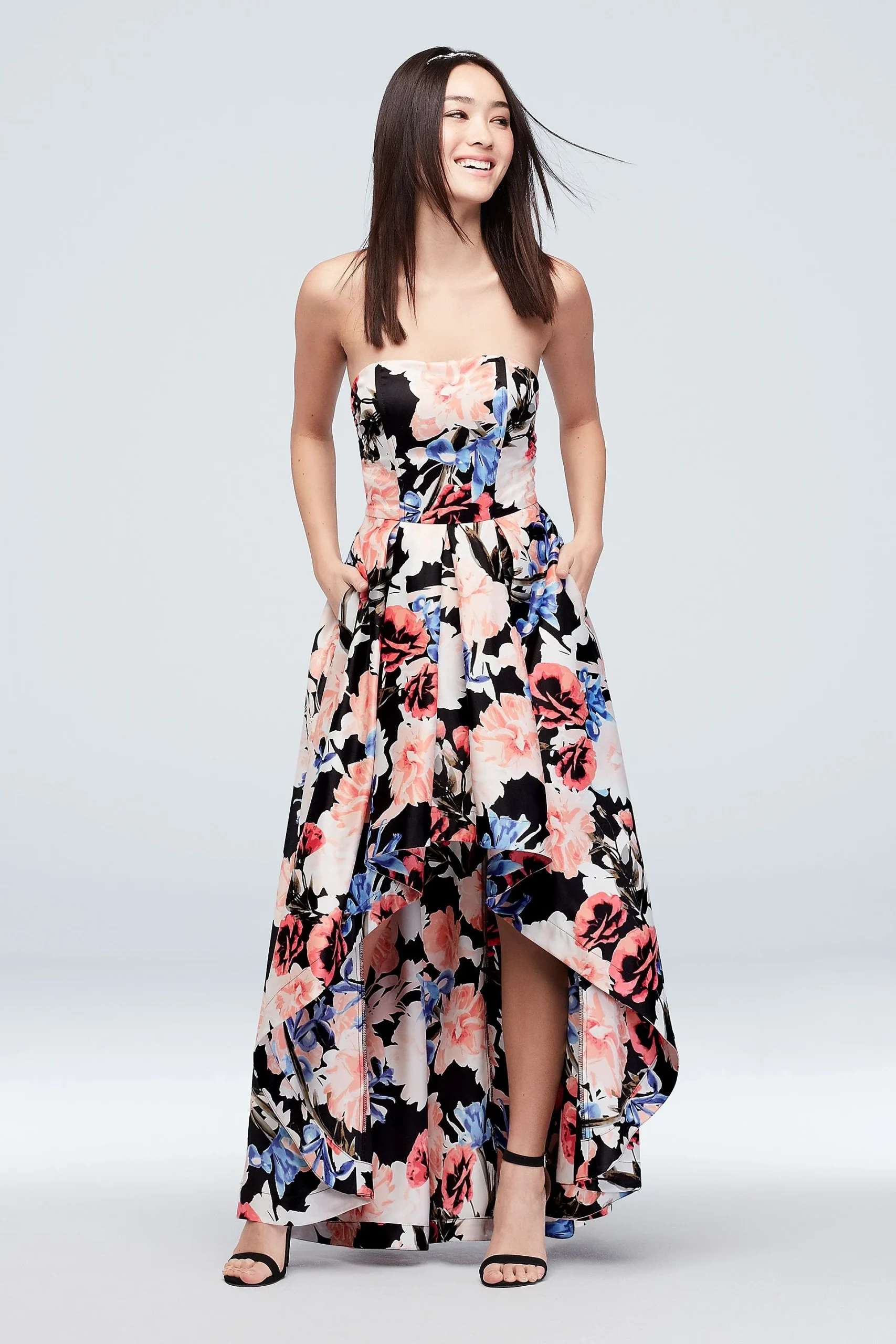 High-Low Strapless Floral Satin Fit-to-Flare Dress