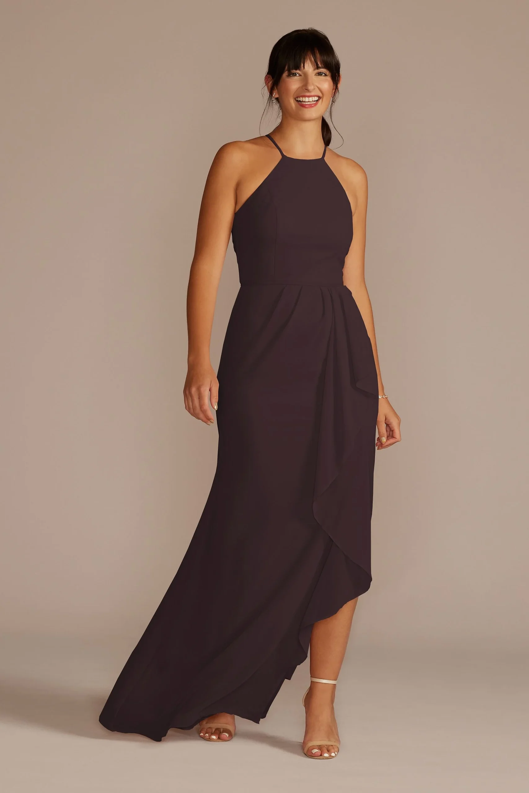 High-Neck Chiffon Dress with Cascade