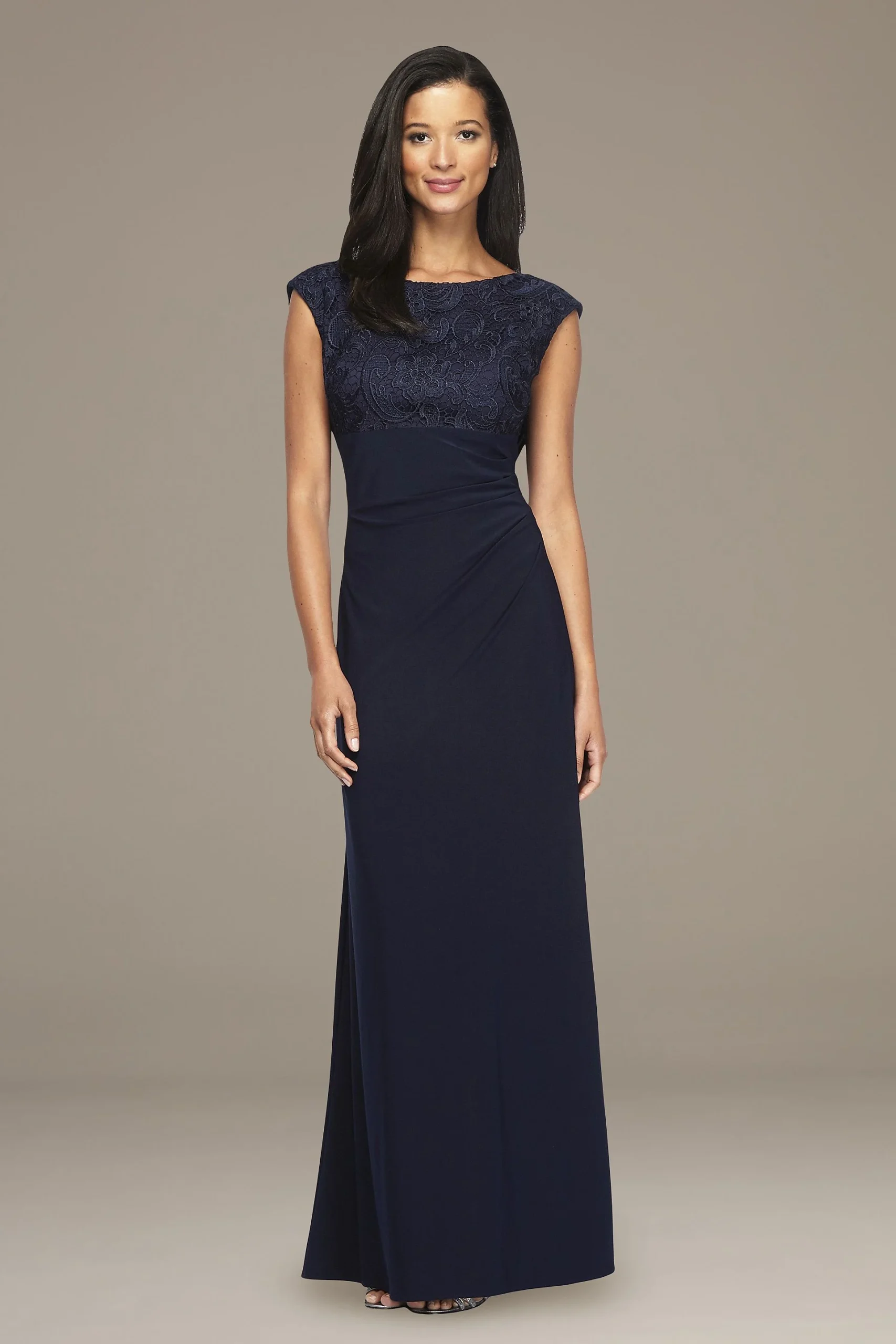 High Neck Drapey Back Cap Sleeve Sheath Dress