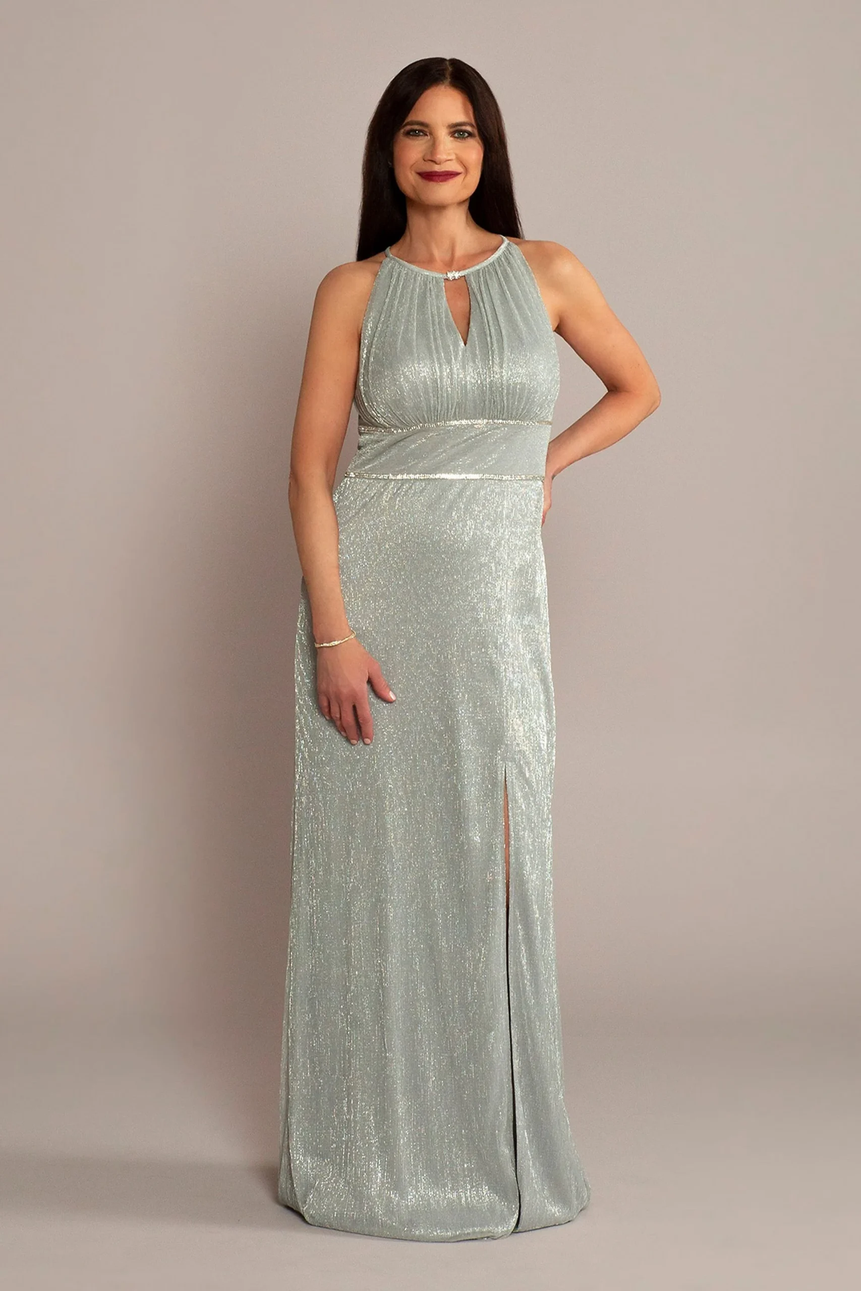 High-Neck Glitter A-Line Gown with Keyholes