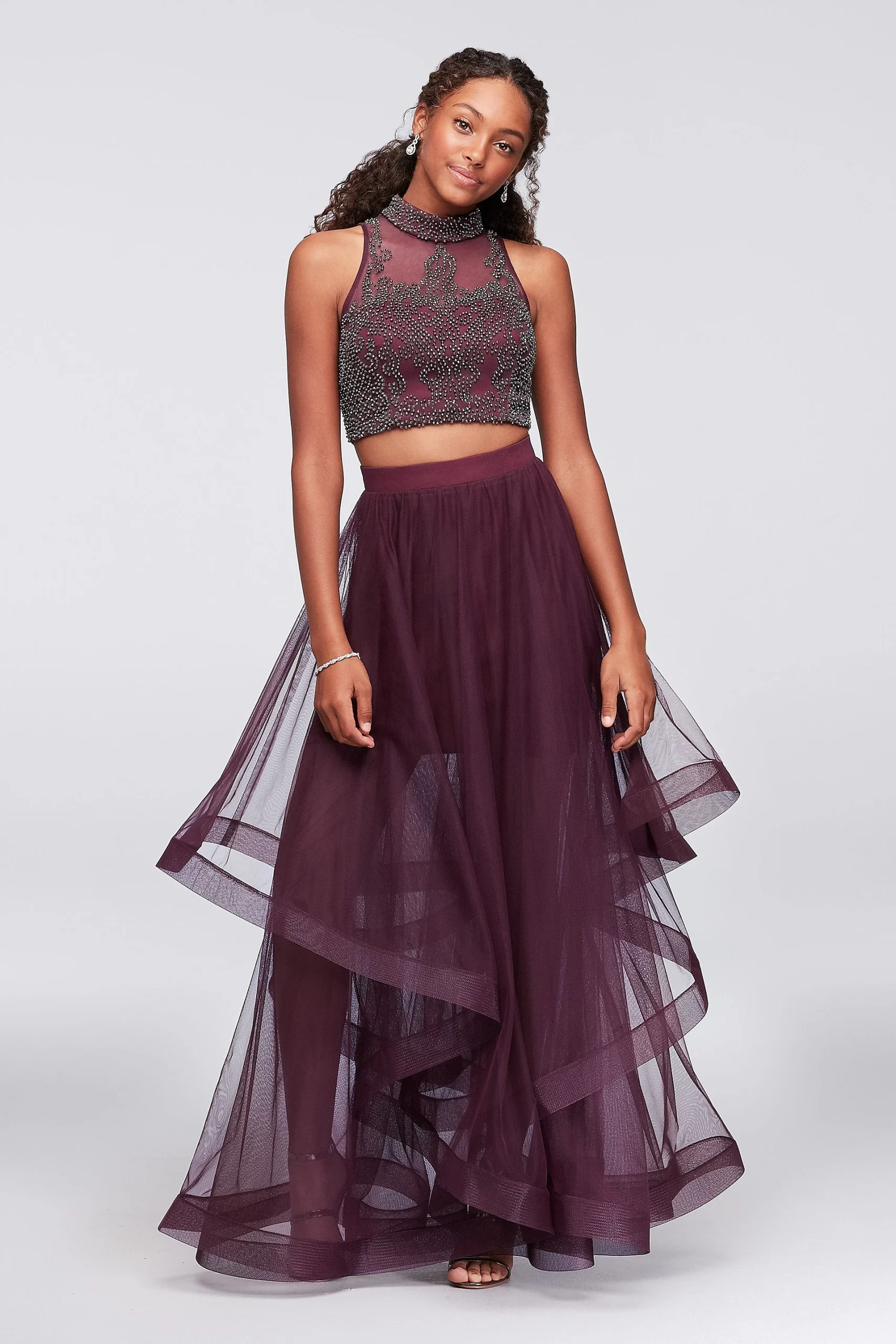 High-Neck Illusion Two-Piece Dress with Beading