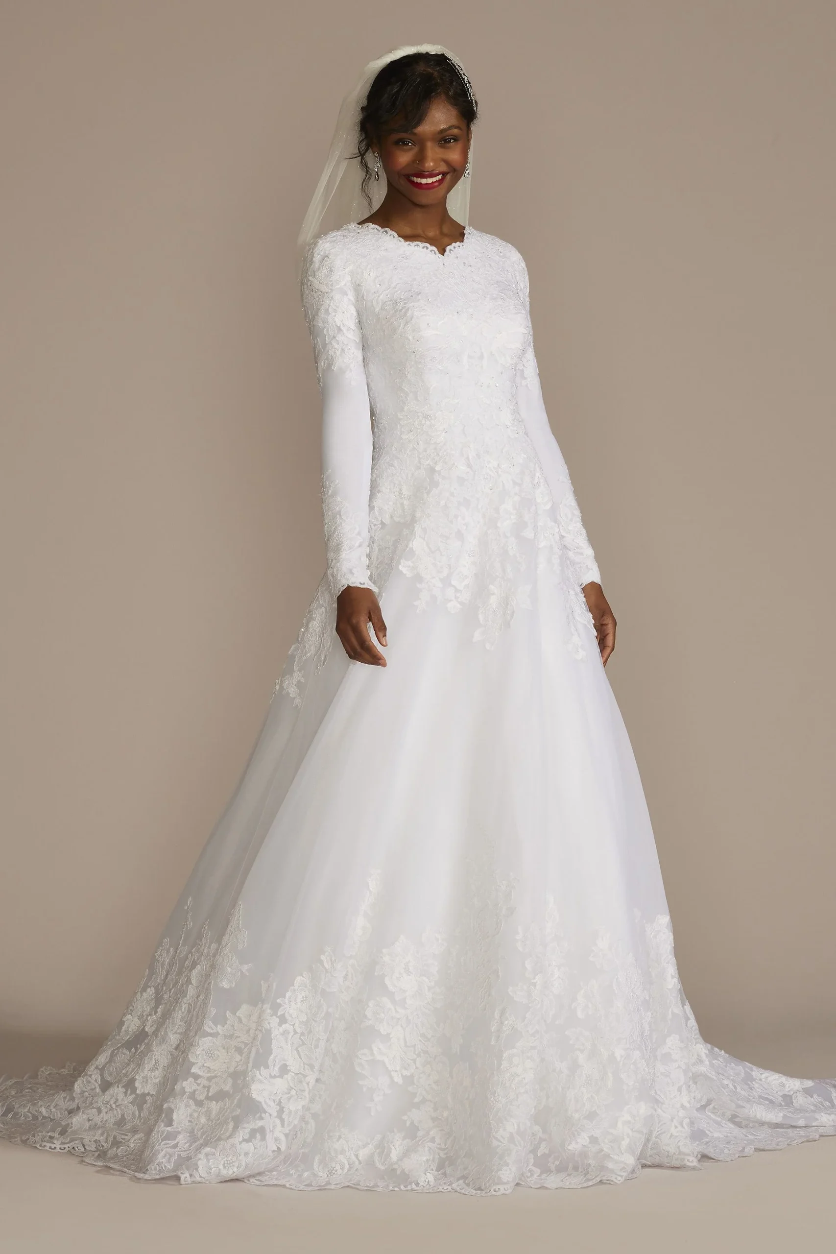 High Neck Lace Applique Modest Wedding Dress