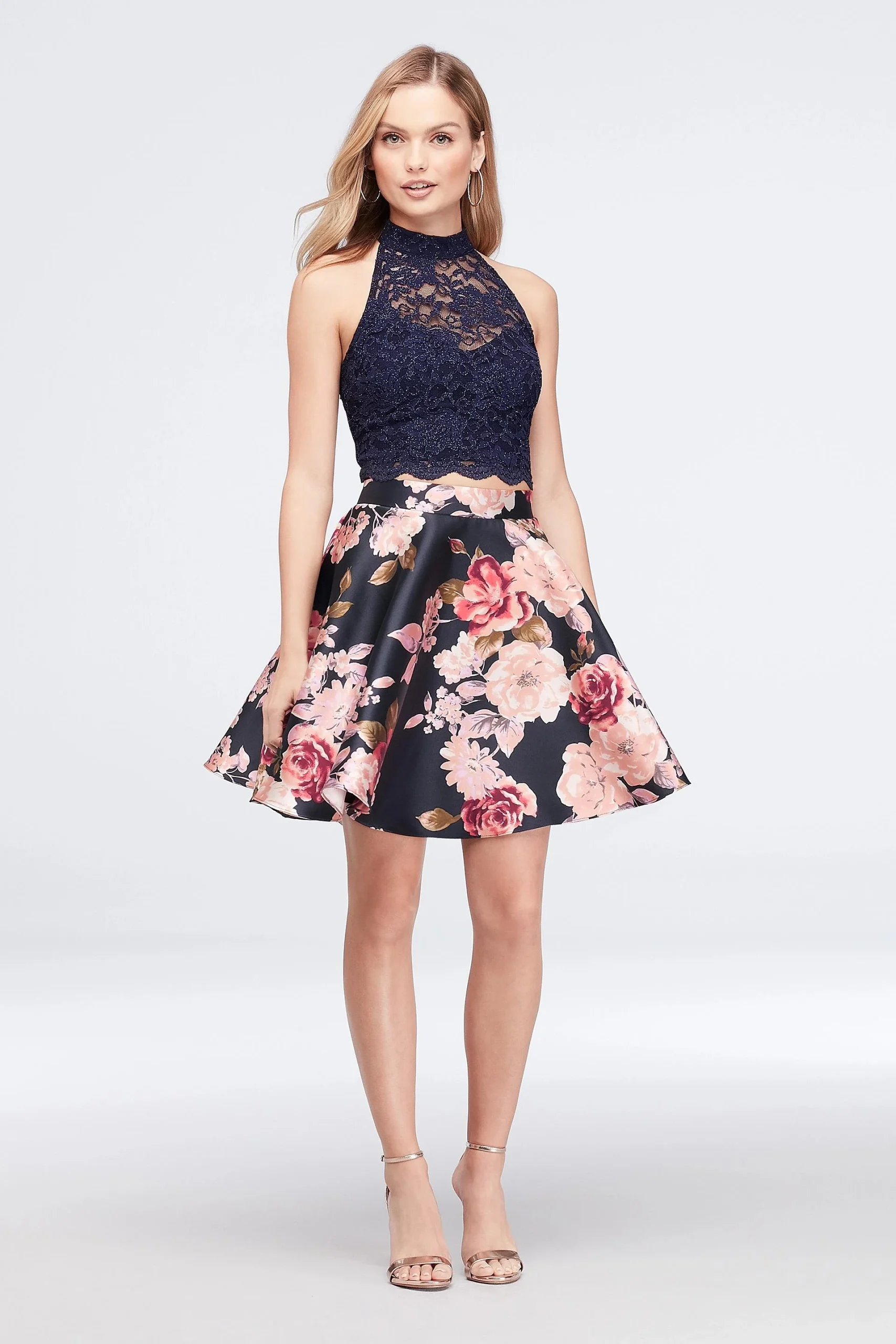 High-Neck Lace and Printed Mikado Two-Piece Dress