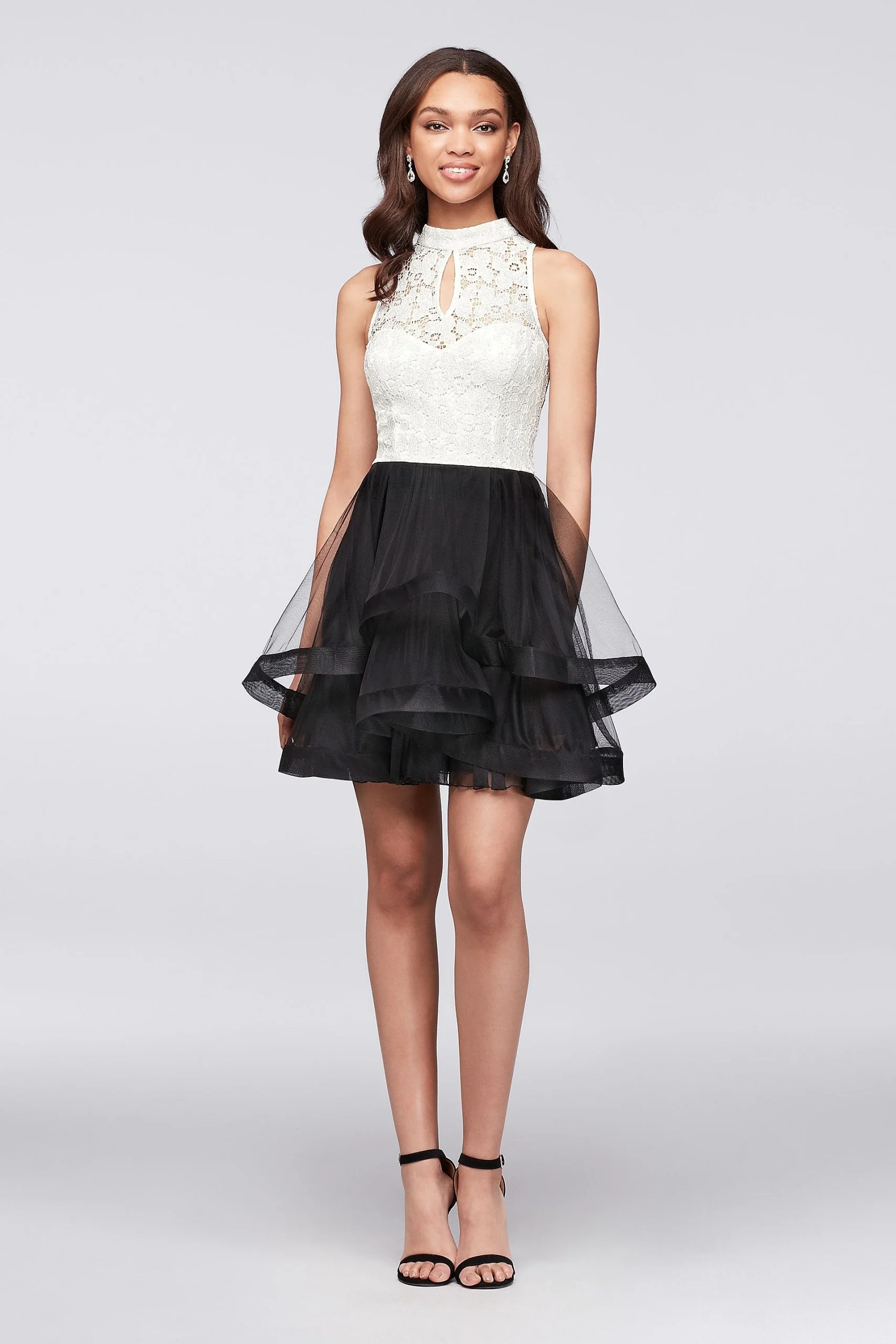 High-Neck Lace and Tiered Mesh Party Dress